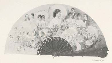 Fan with a collage of portraits of unknown men and women, page, photomechanical print, inscription: