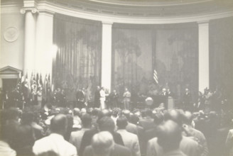 President Roosevelt enters the convention hall, Constitution Hall Washington, Speech by US