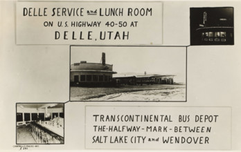 Advertisement for a bus station and lunchroom, picture postcard, inscription: 'DELLE SERVICE and