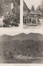Waterfall (top left), Batak village with skull house (top right) and sanatorium (bottom) in