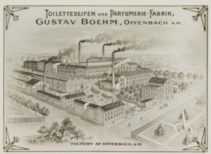 Photo reproduction of (presumably) a print of Gustav Boehm's soap and perfume factory in Offenbach