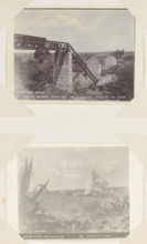 Vet River Bridge. Train brings dynamite to blow up the last pillar., Partially blown-up railway