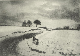 Landscape with country road in winter, Une route de campaign en hiver, photomechanical print,