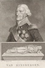 Portrait of Jonkheer Johan Hendrik van Kinsbergen and tomb, print, Portrait of Lieutenant Admiral