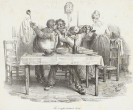 La soupe avant tout, Man at the table is embraced by two children while woman stands at the