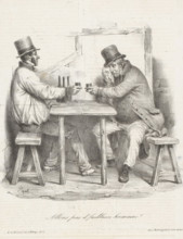 Allons pas d'faiblesse humaine!, Two sad-looking men have a drink, print, printmaker: Edme Jean