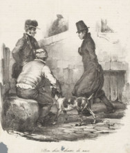 Street scene with three men and a dog, Bon chien chasse de race, Scènes familières, Recognizable