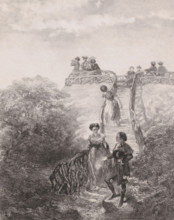 Belvedere, print, A group of men and women enjoys the view. A woman climbs the stairs while a man
