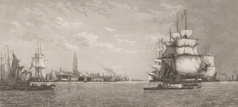 View of Antwerp from the Scheldt, print, printmaker: Auguste Numans, Belgium, after design by Paul