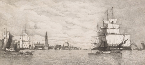 View of Antwerp from the Scheldt, print, Hippert&Linnig 63, printmaker: Auguste Numans (signed by