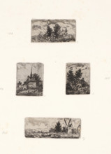 Four landscapes, print, Four scenes on one sheet: Landscape with trees, Small church, House with