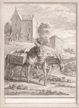 Two pack mules with soldiers advancing in the background, print, book illustration, printmaker: