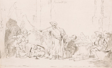 Standing man in an inn having someone gagged, print, printmaker: Johann Daniel Laurentz, after