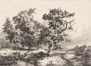 Les Chênes dans la plain, Landscape with oaks, walker and dog, Études gravées d'après nature,