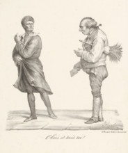 Man in loose-fitting coat looks haughtily at man with feather duster and letter, Obéis et tais