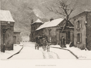 Rue des Rosiers à Montmartre, View of the Rue des Rosiers in Montmartre, French etching from 1875,
