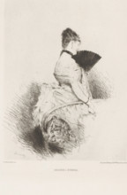 Woman with fan, Derrière l'Éventail, L'eau-forte en 1875, French etching from 1875, print, Series
