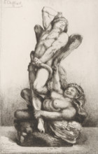 Naked man captured by snake and naked woman, Les liens du mal, L'eau-forte en 1875, French etching