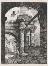 Ancient ruins and travelers on a path, print, Ruin of an ancient gate with Corinthian columns. On