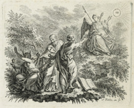 Chained Ignorance, print, Blindfolded Ignorance, with a jester's staff and donkey ears, is held in
