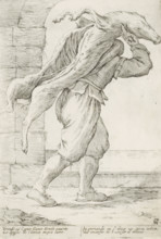 Man with slaughtered pig, Street vendors in Bologna, L'Arti Per Via, print, album page, A man