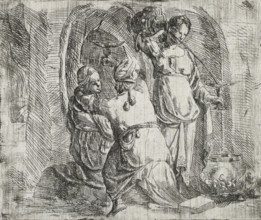 Lot and his daughters, print, Lot, seen from the back, holds a drinking bowl in his right hand. He