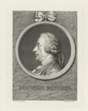 Portrait of François Boucher, print, Bust and profile to the left, in round frame with bow at top