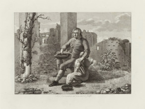 Man with boy in front of ruin, Six landscapes with sculptures drawn from life, print, In front of