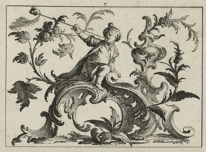 Pipe-smoking man with turban seated on a rococo ornament, Smokers on rococo ornament, print,