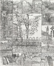 Tree behind small fence, print, Tree behind fence in the center, framed by sixteen equal-sized