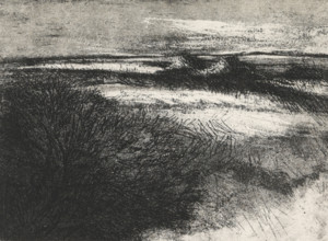 Dune landscape, print, Dune landscape with marram grass, the sea on the left on the horizon.,