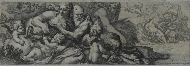 Faun with bacchante and putti, print, collector's mark: 'JJS', printmaker: attributed to Michel