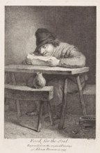 Food for the Soul, Reading farmer at a table, print, The farmer reads a letter or newspaper.,