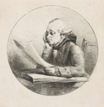 Portrait of a man, possibly Hugues-Adrien Joly, print, seated at his desk with a sheet of paper in