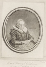 Portrait of Gerard Dou's mother, print, album page, printmaker: William Baillie, after drawing by