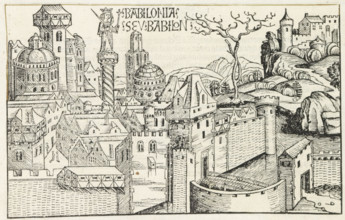 Babilonia Seu Babilon, View of Babylon, Liber Chronicarum, print, album page, book illustration, A