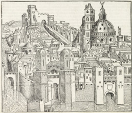 View of a city, Liber Chronicarum, print, album page, book illustration, A view of a city.,