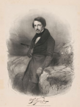 Portrait of Wijnand Nuijen, print, The sitter stands in the open air and leans against a rock.