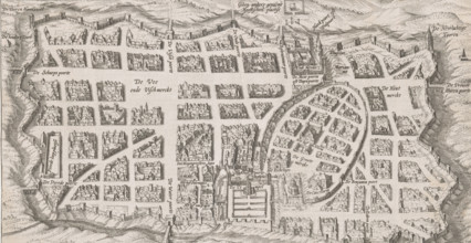 Bird's-eye view of Jerusalem, print, book illustration, 1700 - 1750, printmaker, paper, engraving,