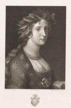 Allegory of poetry, print, Portrait of a woman with a book and a laurel wreath around her head.