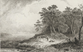 Landscape with shepherd, print, Wooded landscape with a shepherd with staff and sheep. A small lake