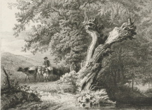 Landscape with bare tree and shepherd, print, Left a shepherd with cows, right a bare tree by the