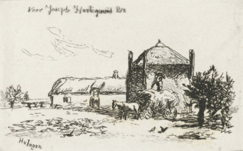 Farm with haystack, print, A farm with a haystack. In front of the haystack stand a horse and wagon
