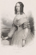 Portrait of Klara, print, half-length to the left, with curls. In the background a landscape and