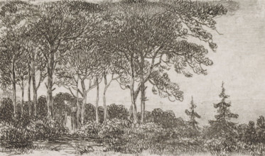 Woman by a row of trees, print, A wooded landscape with a woman with a basket on her back in the