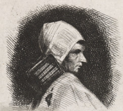 Bust of a woman facing right, print, name: 'JJ cvan der Maaten', printmaker: Jacob Jan van der