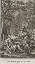 Numa and the dying Tatius, print, book illustration, The dying Tatius lies against a tree. Numa