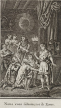 Numa refuses to become king of Rome, print, book illustration, Delegates of Rome kneel before Numa