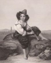 Shepherd boy with jug and wind instrument, print, printmaker: Eduard Mandel, Berlin, after painting