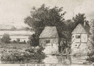 Landscape with watermill, print, printmaker: Jan Heppener, The Hague, dedicated to: Johan Hendrik